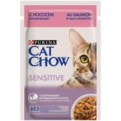Влажный корм Cat Chow® для взрослых кошек с чувствительным пищеварением, с лососем и кабачками в соусе, Пауч